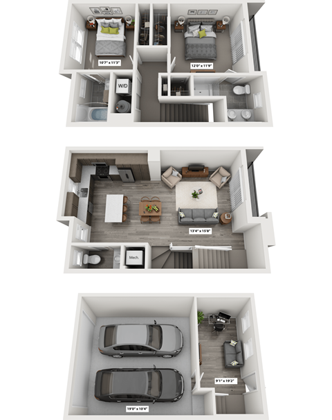 Floor plan for 2 beds, 2.5 baths, 1364 sqft